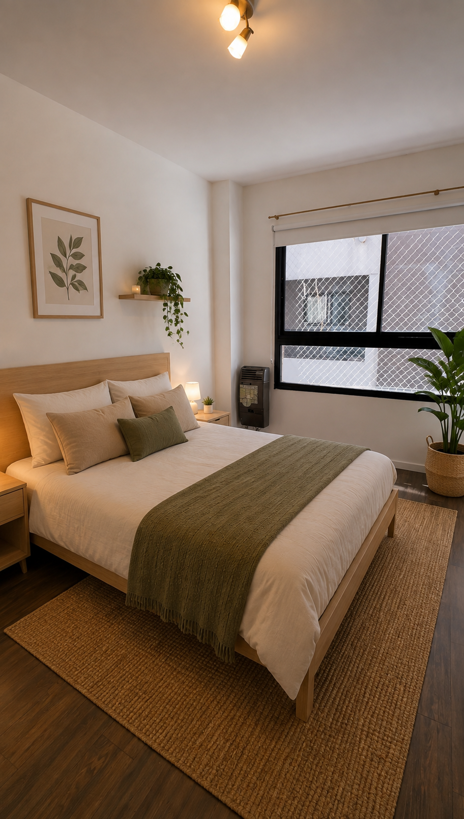 Proyección del dormitorio amoblado con cama de dos plazas y alfombra